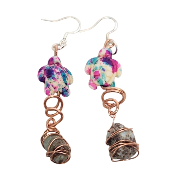 Hand Crafted Jewelry - Laimar Turquoise Turtle Cooper Spiral Dangle Earrings
